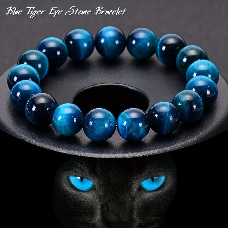 Stylish and unique couple bracelet featuring a single strand of 8mm AAAA high-quality blue tiger eye stones. Perfect as a personalized and elegant birthday gift for friends and family.