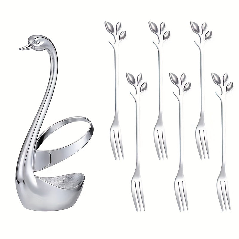 Top Pick! Set of 7 Includes 1 Zinc Alloy Swan Base with 6 Stainless Steel Leaf Coffee Spoon Forks. Mirror Polished Finish, Perfect for Restaurants, Families, and Parties. Durable and Reusable, Heavy-duty Base.