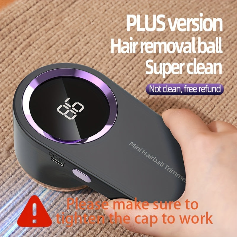 Lint remover ball, rechargeable via USB, fabric shaver/trimmer, power display, ideal for home, travel, and grooming.