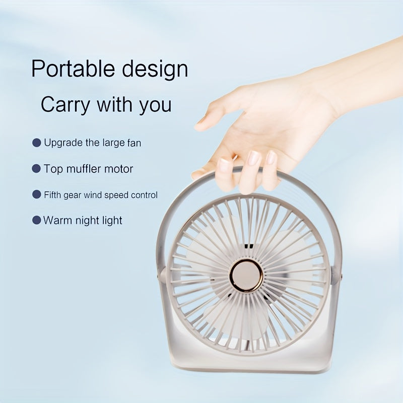 Portable USB rechargeable clip-on bench fan with nightlight, 5-speed settings, 720-degree rotation, quiet operation, washable blades, includes lithium battery, made of plastic material, comes with power cable for use indoors and outdoors.