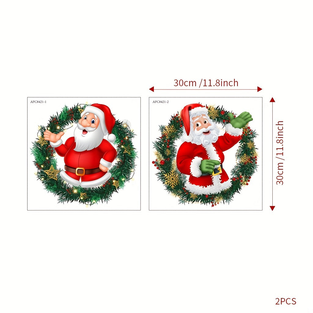 Two pieces of Christmas glass window stickers featuring Santa Claus patterns. These window clings are perfect for decorating bedrooms, living rooms, homes, shopping malls, and can be easily removed.