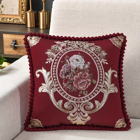 Vintage floral satin throw pillow cover with golden swirl patterns in red and cream design, soft plush backing, allergy-friendly, zipper closure, 50.04cm x 50.04cm for sofa, bedroom, car, living room decor. Great car accessory.