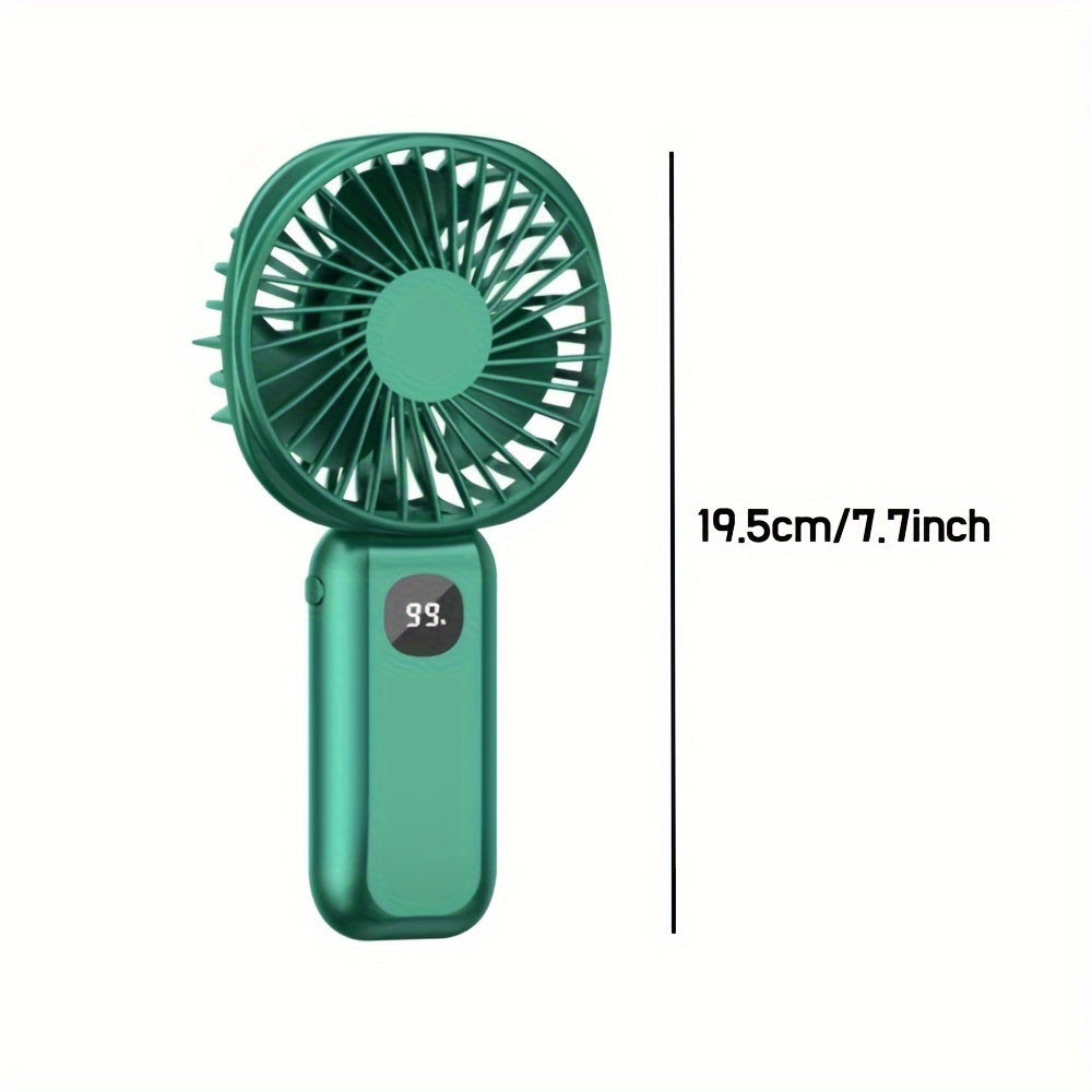 This portable handheld fan features a built-in battery capacity display and can be powered by USB or batteries. It also doubles as a convenient phone holder and is compact and easy to transport. Perfect for both handheld and desktop use, this fan is a