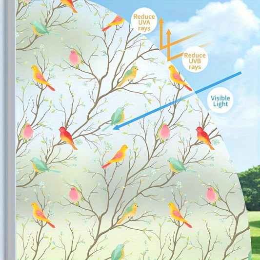 4mil Thick Elegant Bird & Branch Design Frosted Window Film with Static Cling for Privacy and Anti-Glare - Ideal for Kitchen, Bathroom, and Office Sliding Doors.