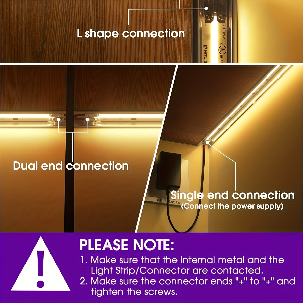 Easy-install LED strip light connectors for both home and commercial use. Includes screwdriver and solderless design for quick setup. Flexible LED tape lighting solution with solderless connection for easy installation.