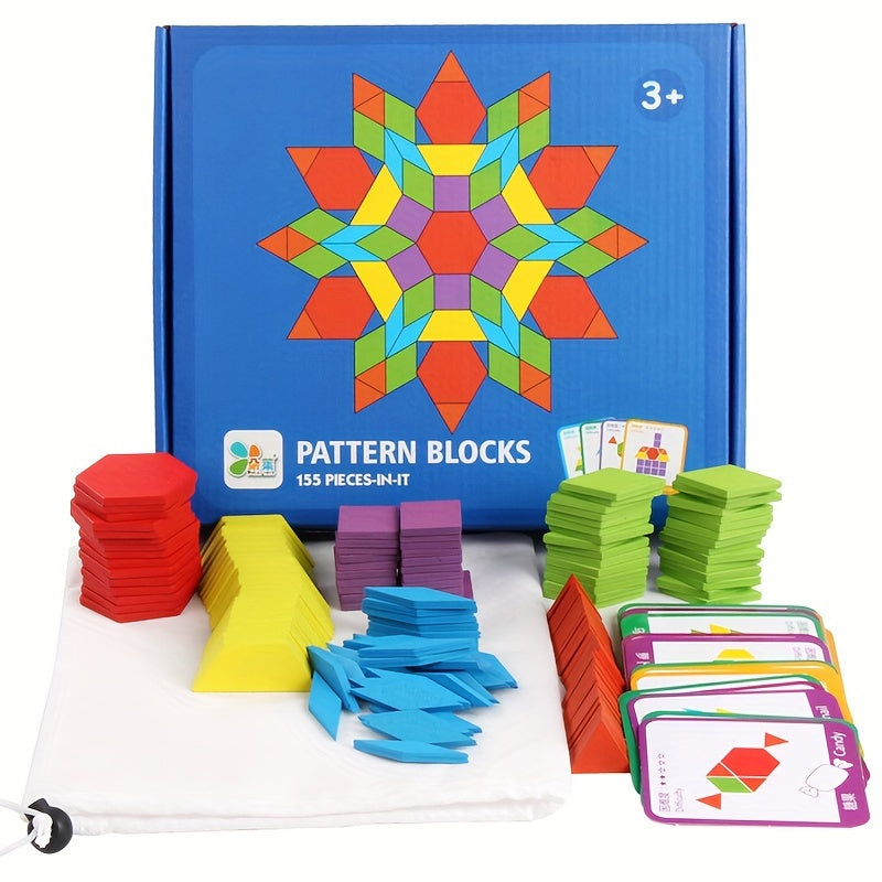 A set of 155 wooden geometric pattern blocks for puzzles, ideal for enhancing logical thinking skills. Suitable for children aged 4-8 with 24 design cards included, making it a great