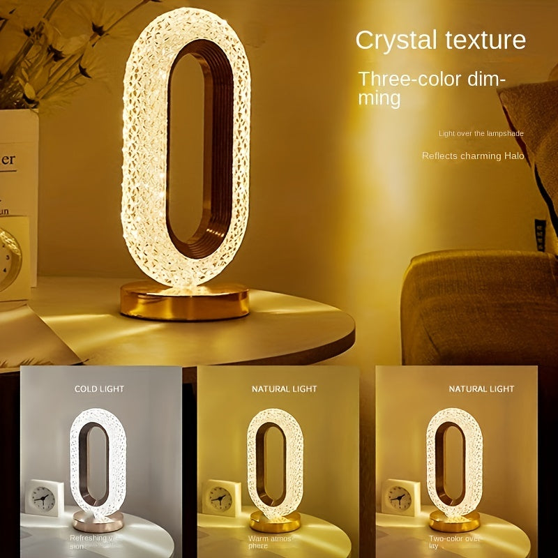 Luxurious oval crystal table lamp with USB charging, perfect for bedroom, living room, or party decor.