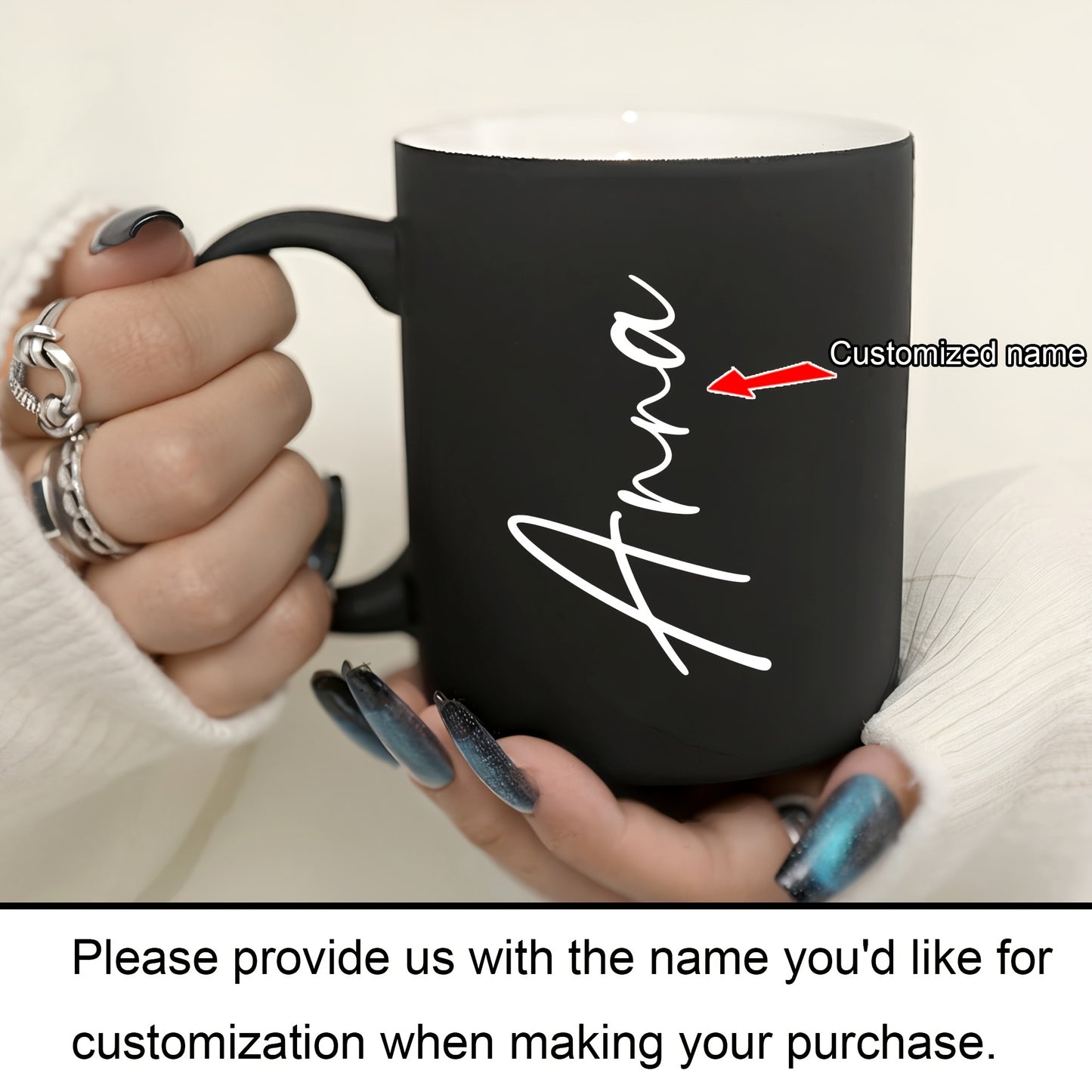 Custom 11oz ceramic coffee mug with personalized name, dishwasher and microwave safe. Perfect for drinks and gifting on birthdays or Valentine's Day for family, friends, and coworkers.