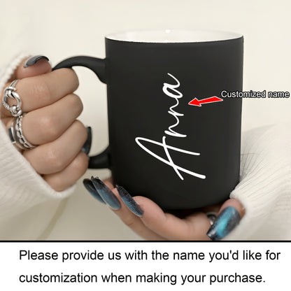 Custom 11oz ceramic coffee mug with personalized name, dishwasher and microwave safe. Perfect for drinks and gifting on birthdays or Valentine's Day for family, friends, and coworkers.