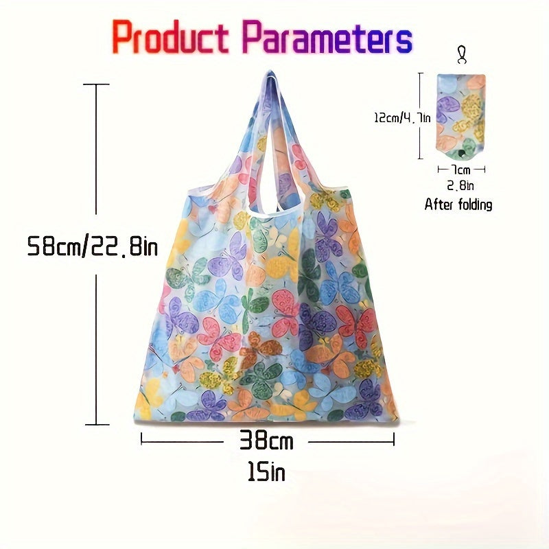 Large Foldable Tote Bag with Vibrant Floral Pattern, Made of Durable Polyester, Ideal for Outdoor Activities - Includes Shoulder Straps and Carabiner Closure, Great for Shopping and Reusable.