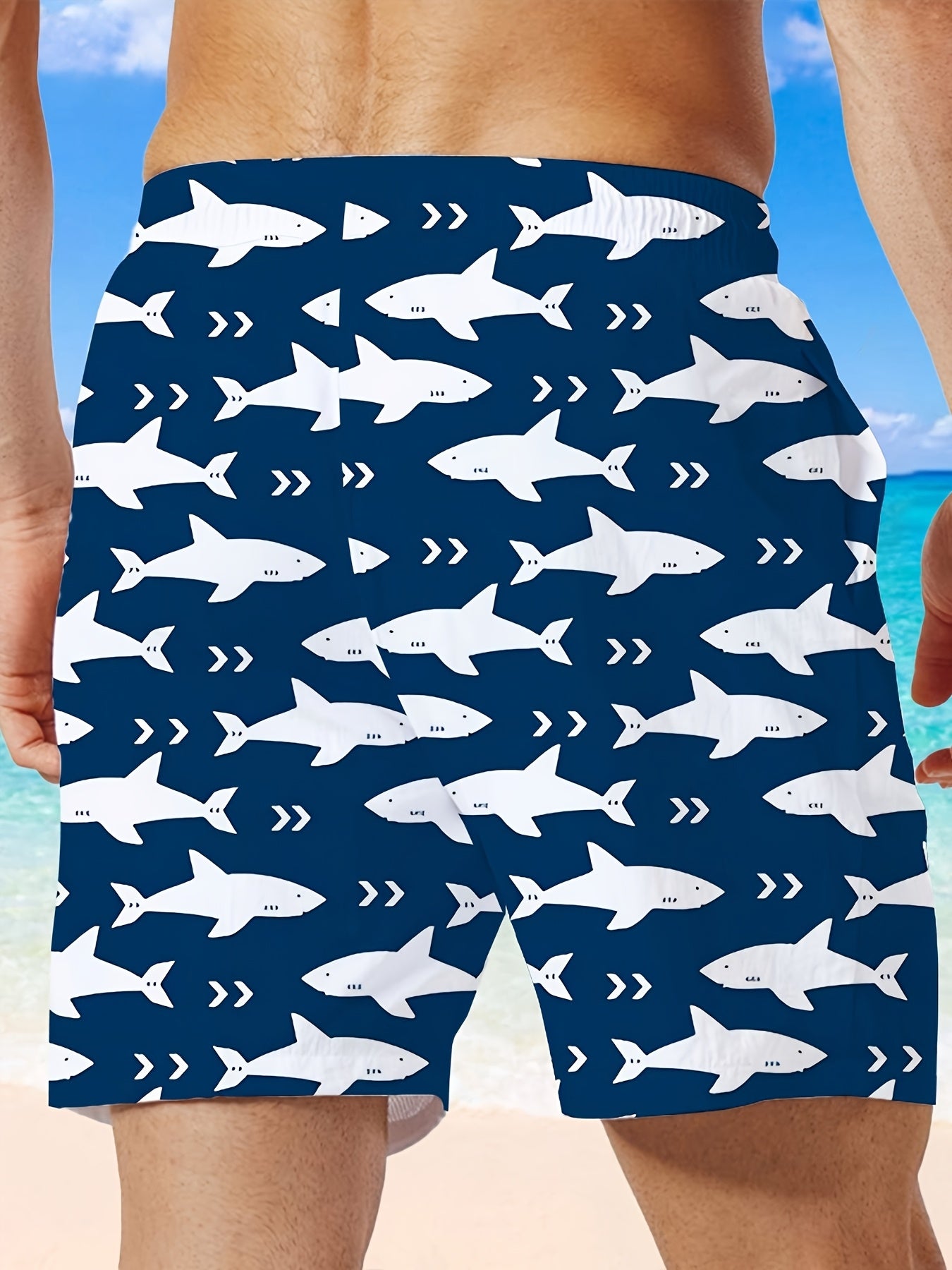 Quick-dry ocean style swim shorts for men with shark print, in plus size