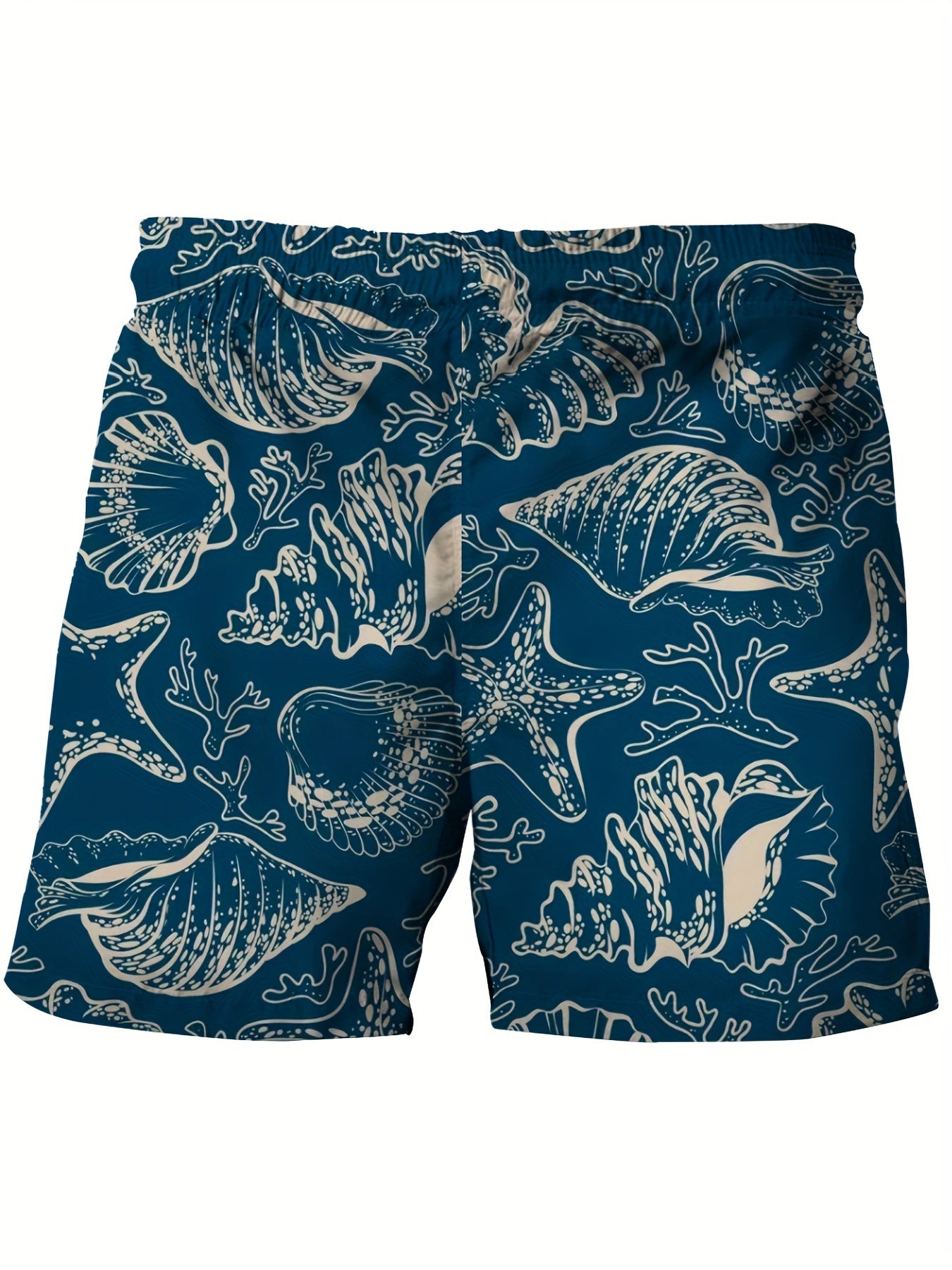 Plus size men's beach shorts with tropical print, elastic drawstring waist and pockets.