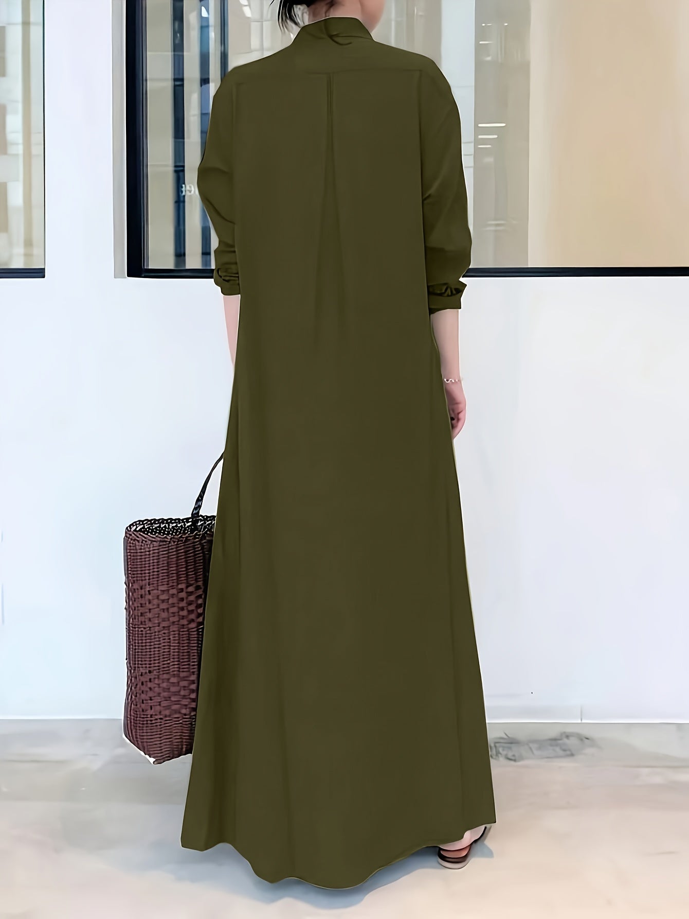 Elegant solid color button-up shirt dress for women with long sleeve and loose fit, ideal for spring and fall.