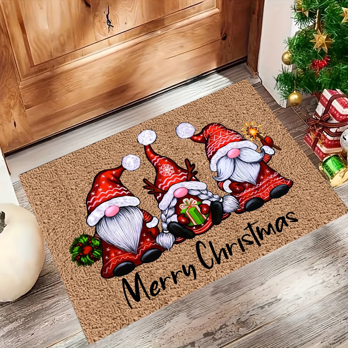 A holiday-inspired velvet rug with a non-slip backing, perfect for use in entryways, bedrooms, kitchens, and bathrooms.