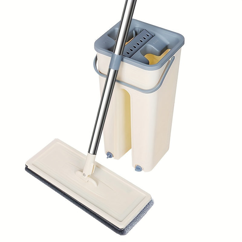 Flat Squeeze Mop and Bucket Set with Wringer, Stainless Steel Handle and Microfiber Pads, Hands-Free Operation, Ideal for Cleaning Home Kitchen, Bedroom, Bathroom, and Living Room, Includes 2 Refills and Drain Hole Feature