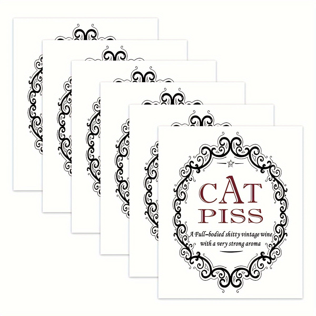 6 Cat Piss Champagne Bottle Labels - Funny Christmas & Birthday Stickers, Waterproof Vinyl, Black/White with Ornament Design - Great for Holiday Parties & Gifts.