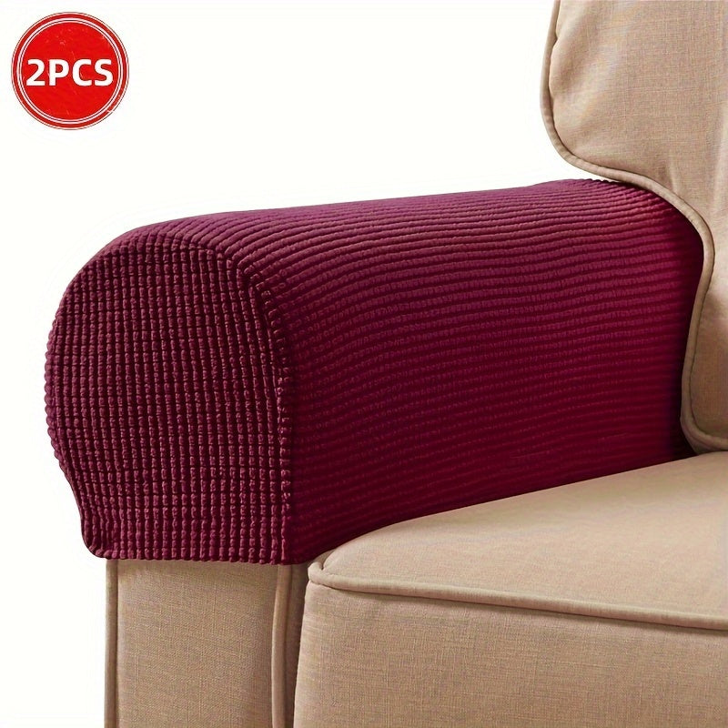 2 Stretch Armrest Covers made of durable spandex blend with plush texture. Scratch & dust resistant, and machine washable. Fits single to four-seater sofas & recliners in various colors.