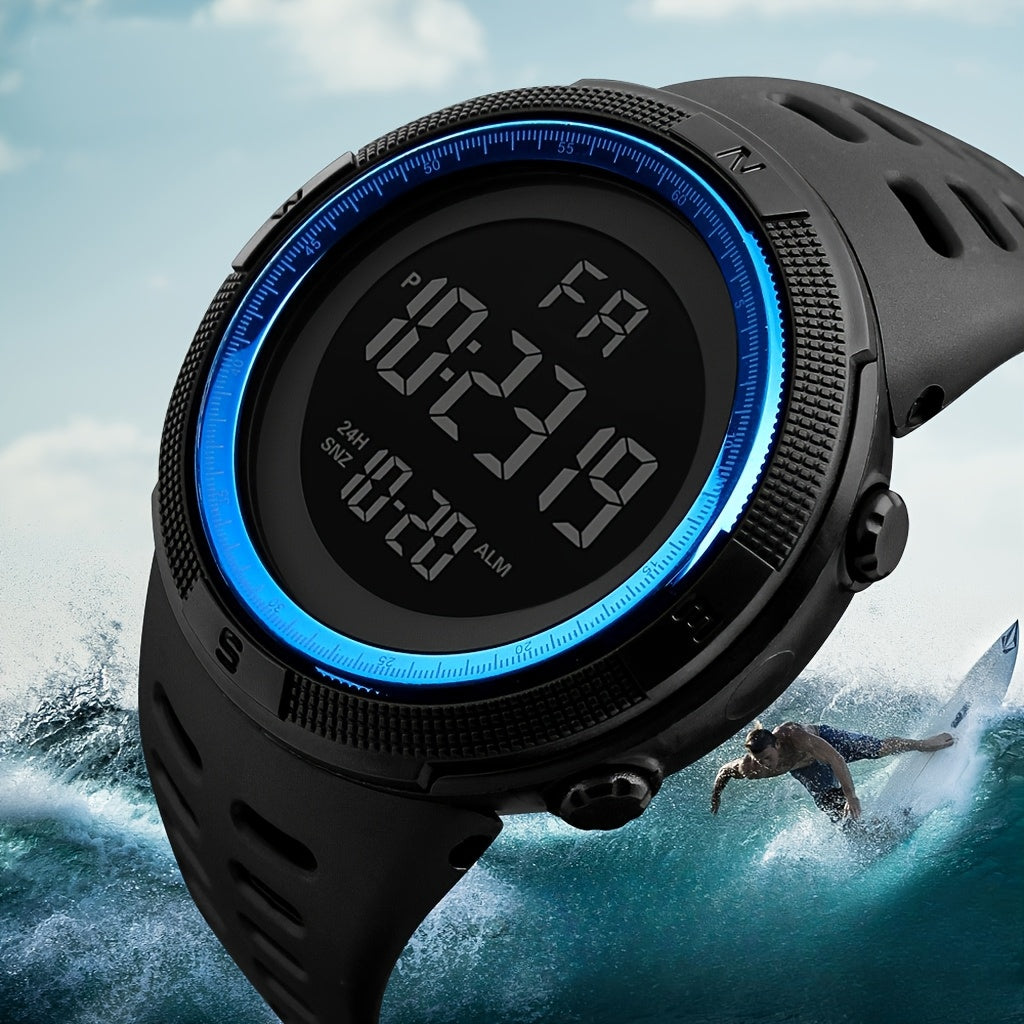 Unisex sports digital watch with large backlit display, silicone strap, date and week display, multi-function electronic movement, battery powered, plastic case - perfect birthday gift.