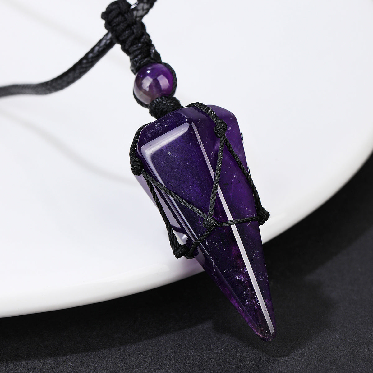 Fashionable Men's Hexagonal Cone Pendant Necklace with Braided Rope - Natural Amethyst Crystal Accent