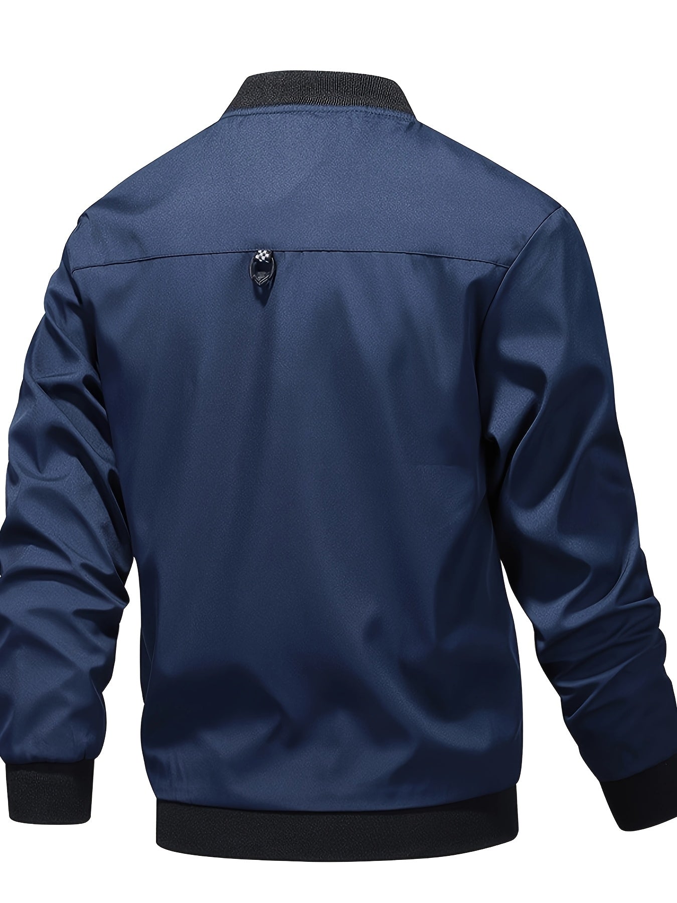 Long-sleeve, solid color men's jacket with small stand collar and zipper closure, perfect for outdoor activities.