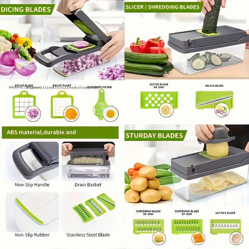 16-in-1 Vegetable Chopper - Manual Slicer Dicer with Container, Mandoline for Onion, Carrot, Garlic - Plastic Kitchen Gadget Set with Drain Basket.