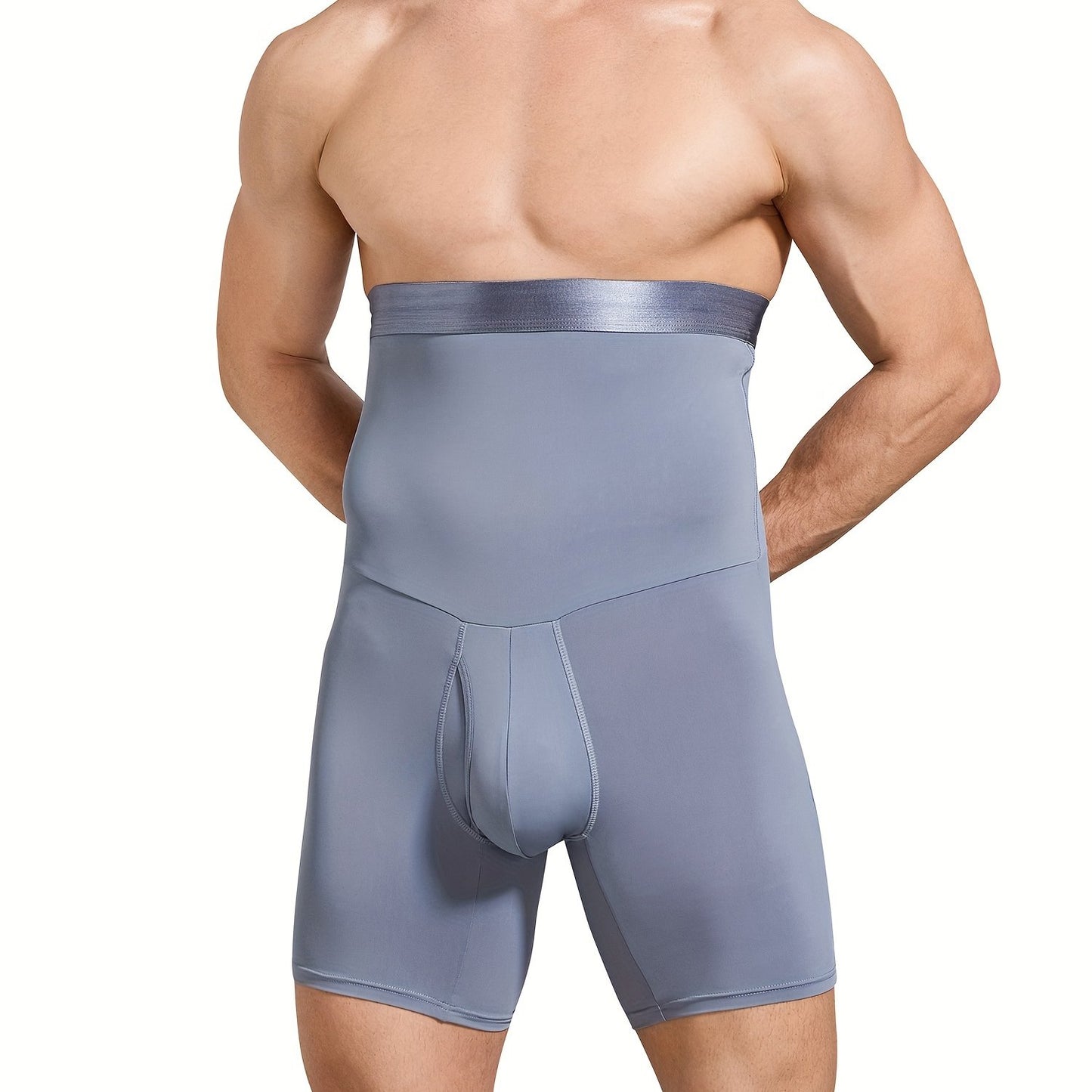 Men's high waist tummy control shorts for slimming in grey color, with body shaping and leg underwear features.