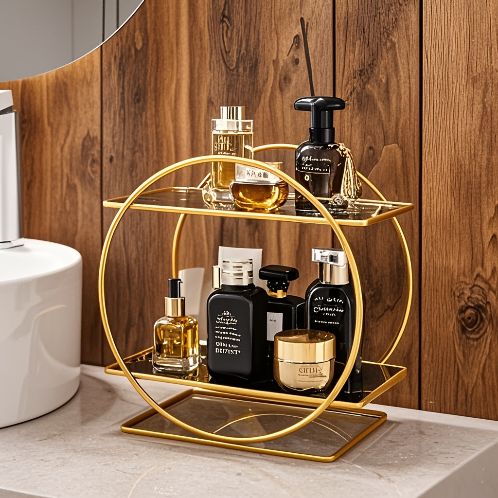 Golden round metal shelf with UV coating, ideal for organizing cosmetics and skincare products in the bathroom or living room. Two-tiered, detachable, and portable design.