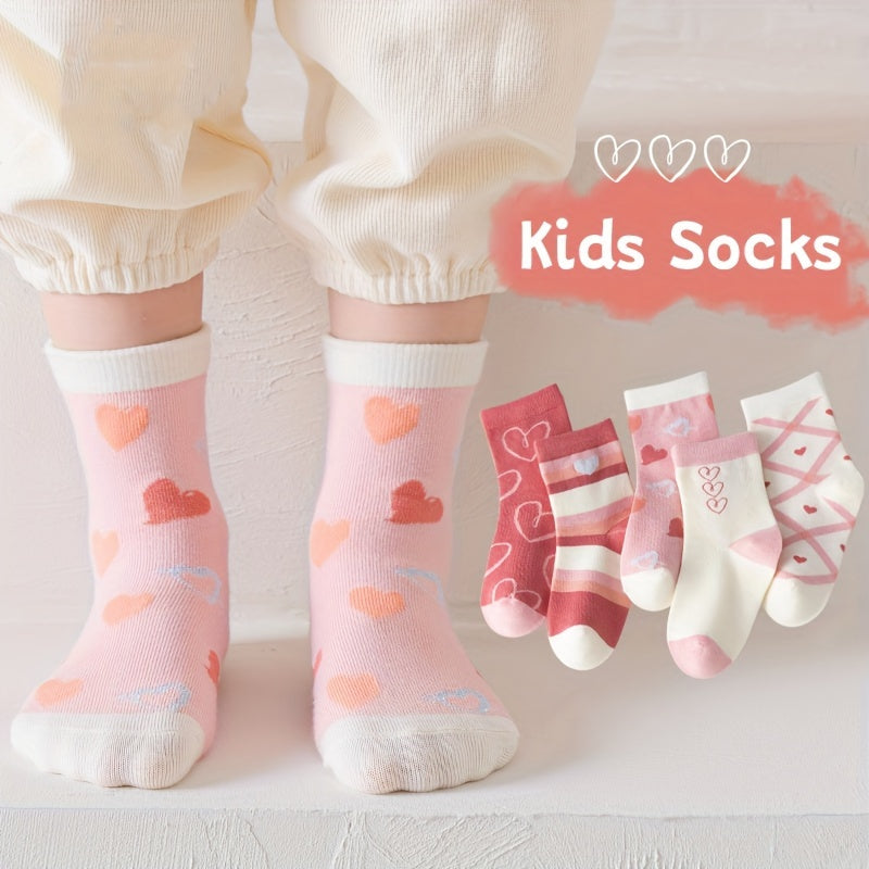 10 pairs of girl's knitted socks with cartoon heart pattern, soft and breathable for outdoor wear.