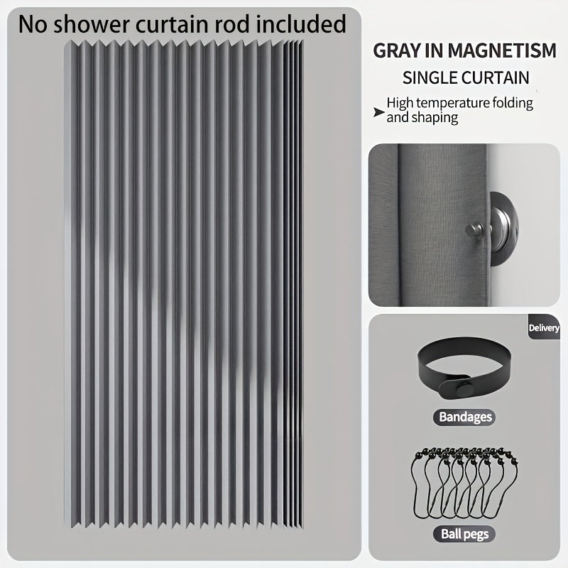 Waterproof gray foldable shower curtain with magnetic attachment, polyester wave screen, black hooks included, machine washable for all seasons.