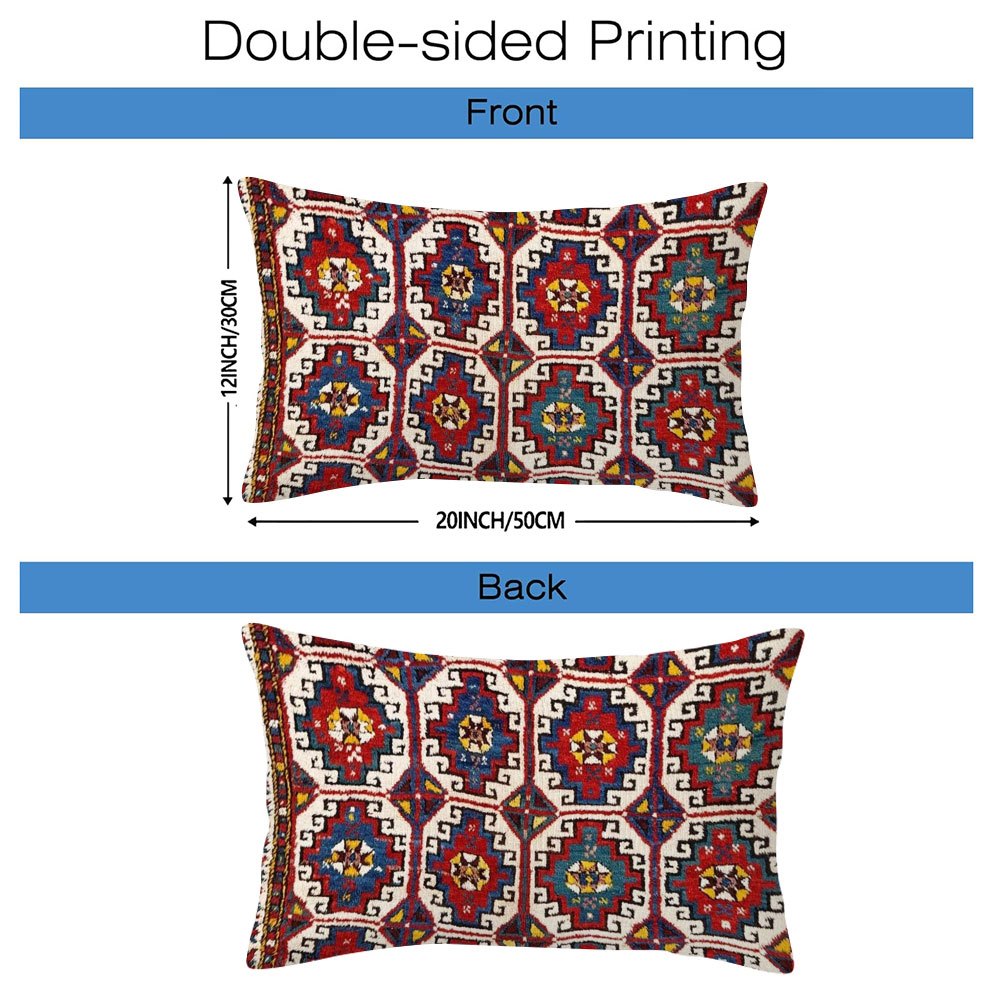 Two pieces of Bergama Northwest Anatolian Village print rectangular pillow covers, made of soft and durable polyester material. These two-sided covers measure 50.8x30.48 cm and are perfect for decorating your home, office, or for travel. Their