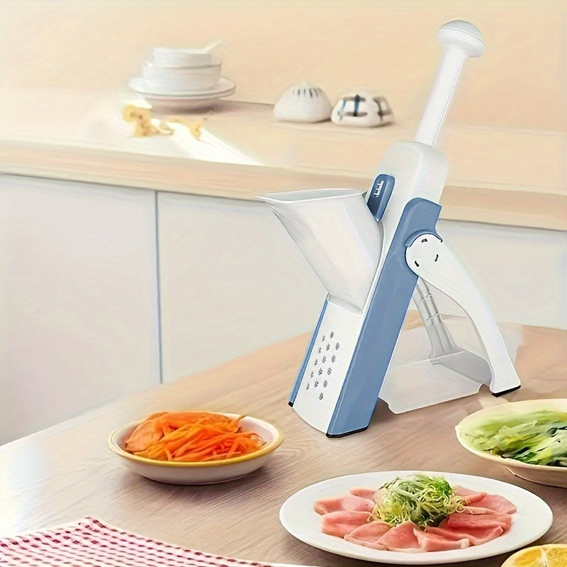 Manual vegetable chopper and slicer with interchangeable blades, made of stainless steel and plastic. A safe and easy-to-use kitchen gadget for chefs at home. Suitable for cutting fruits, vegetables, potato chips, and dicing onions.