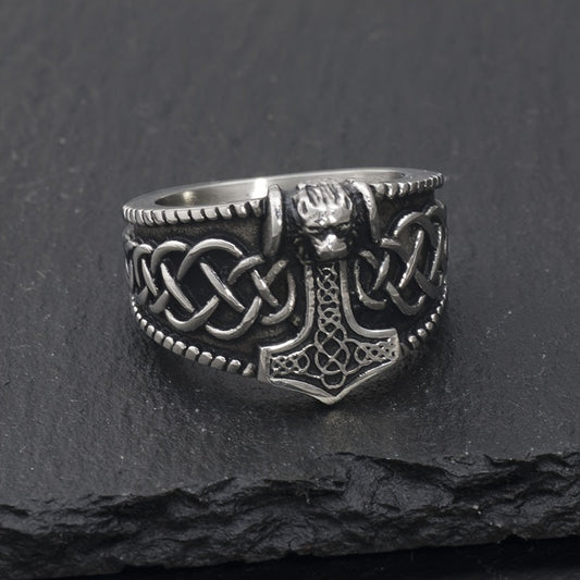 Men's Vintage Lion Head Thor's Hammer Ring - 316 Stainless Steel, Fashionable Amulet Jewelry