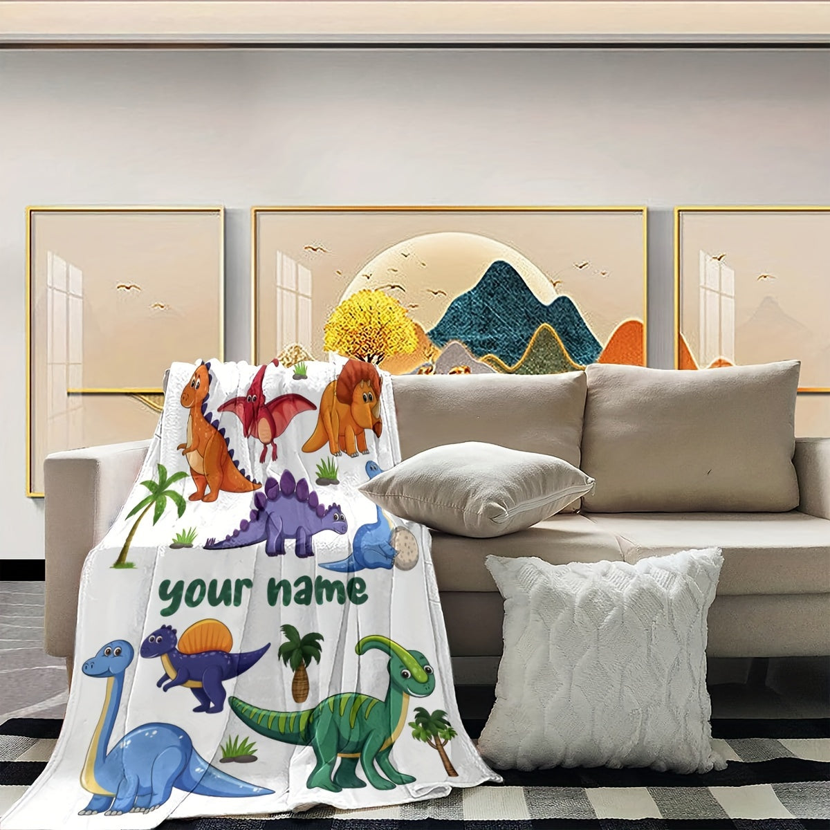 Soft and cozy dinosaur cartoon flannel throw blanket - great for all seasons, makes the perfect gift for bedroom decor.