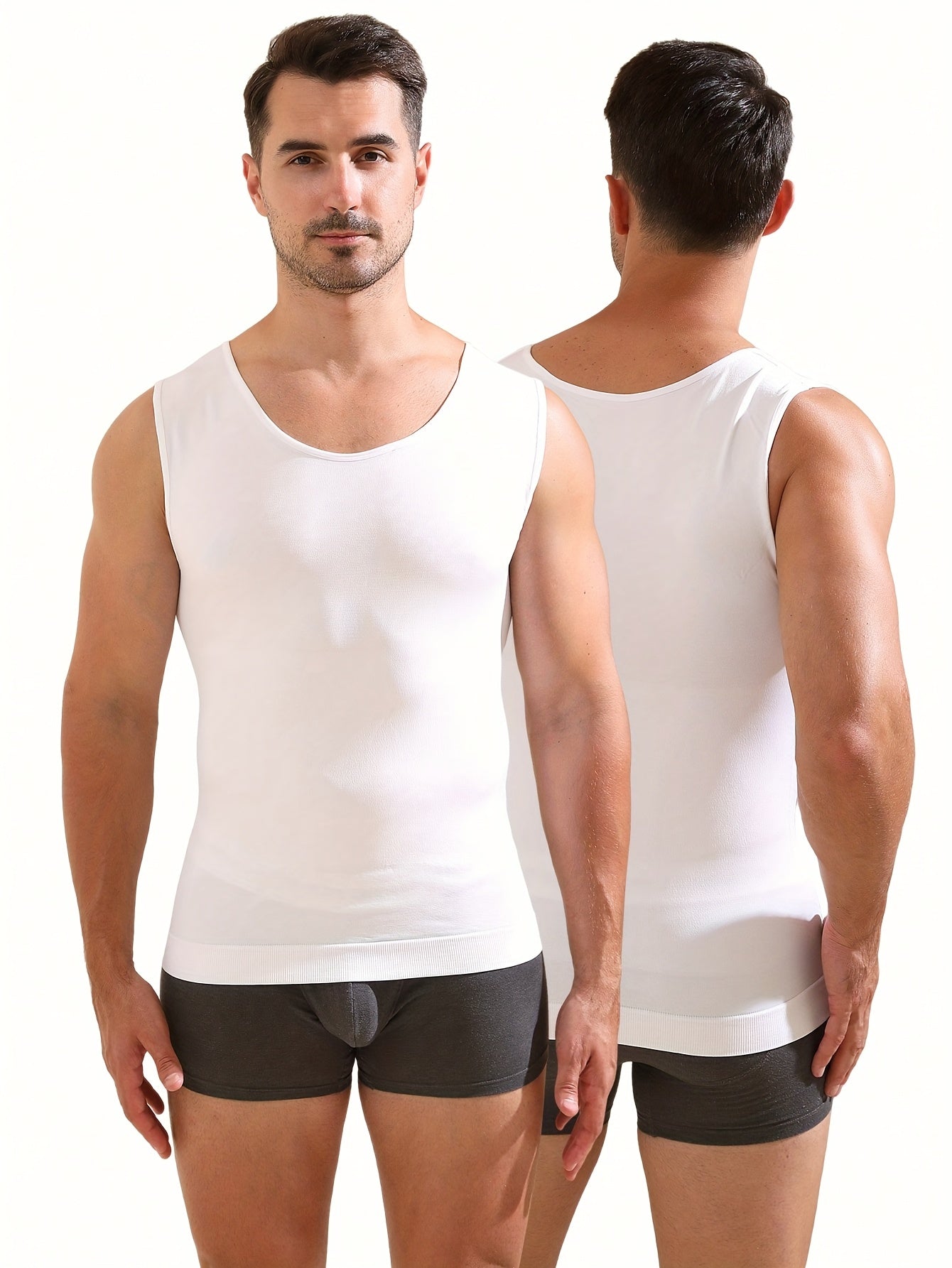 Men's Compression Tank Top with high stretch knit fabric, crew neck, sleeveless design, solid color, skinny fit, moisture-wicking, quick-drying features. Ideal for body shaping and tummy