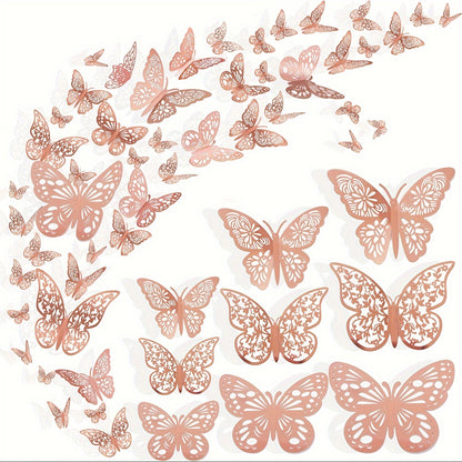 72 Golden & Rose Glitter 3D Butterfly Wall Stickers for Wedding, Birthday Party, Girls Bedroom - Lodge Style Cartoon Family Theme, Reusable, Self-Adhesive