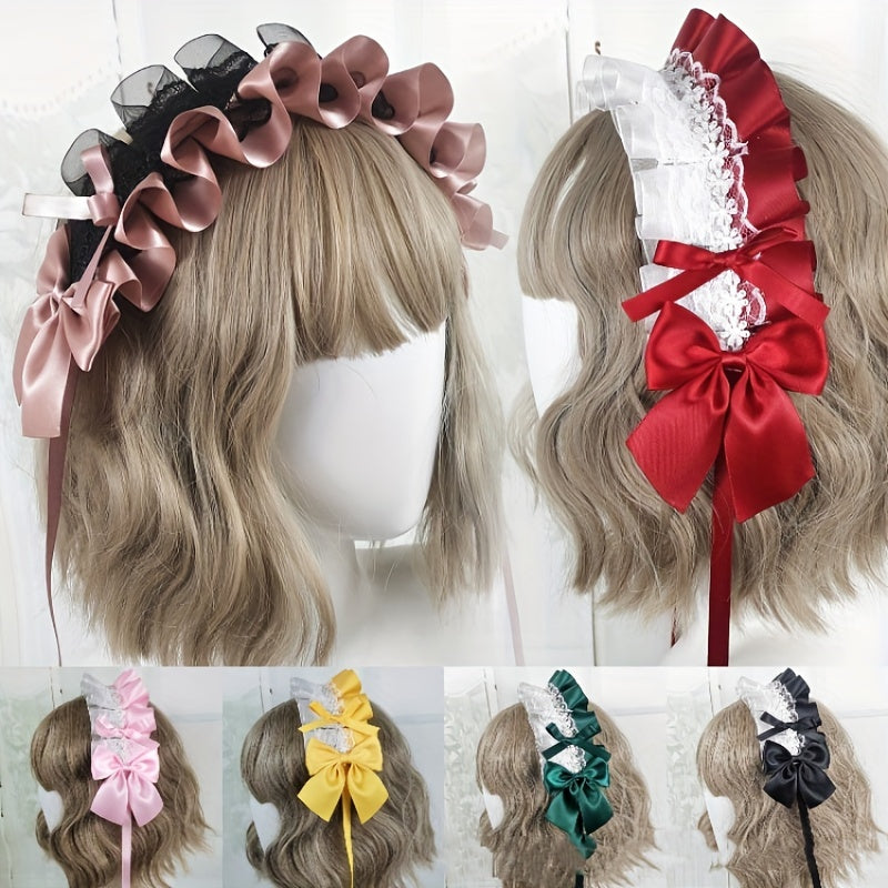 Ruffled Lace Ribbon Bow Headband with Hairpins in Contrasting Colors - Anime Maid Inspired Hair Accessory