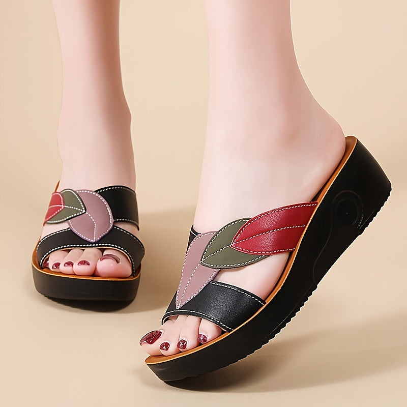 Women's Leaf Design Sandals with Platform Sole and Comfortable Wedge Slides for Summer Walks.