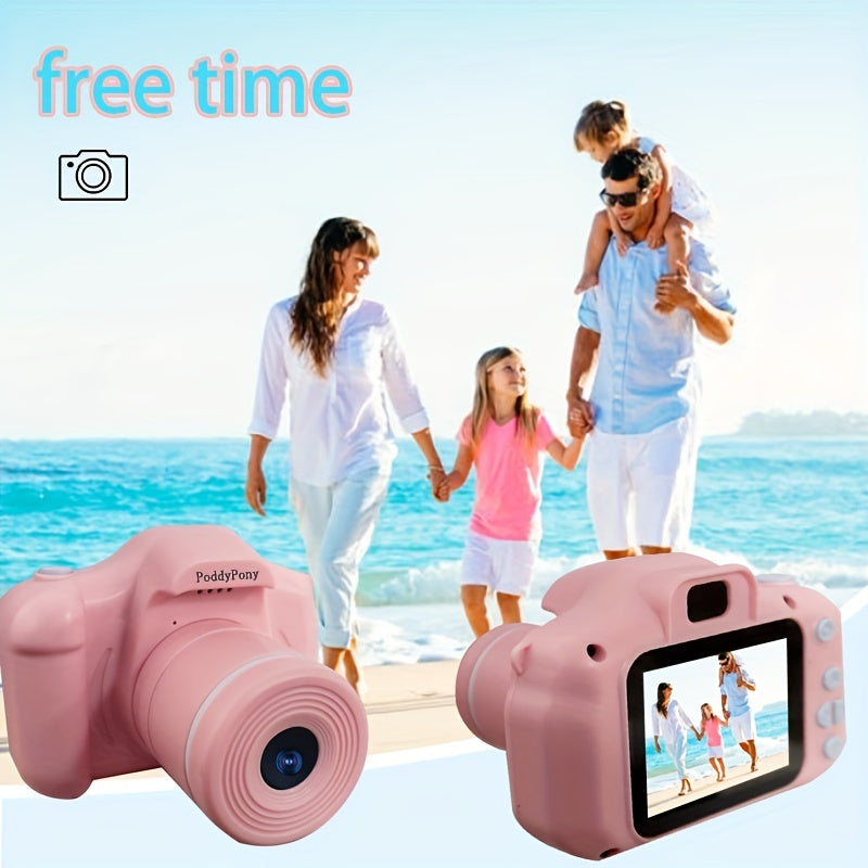 HD kids' camera with long lens - ideal gift for children 3-12, includes 32GB memory card, in pink/purple/blue/black options.