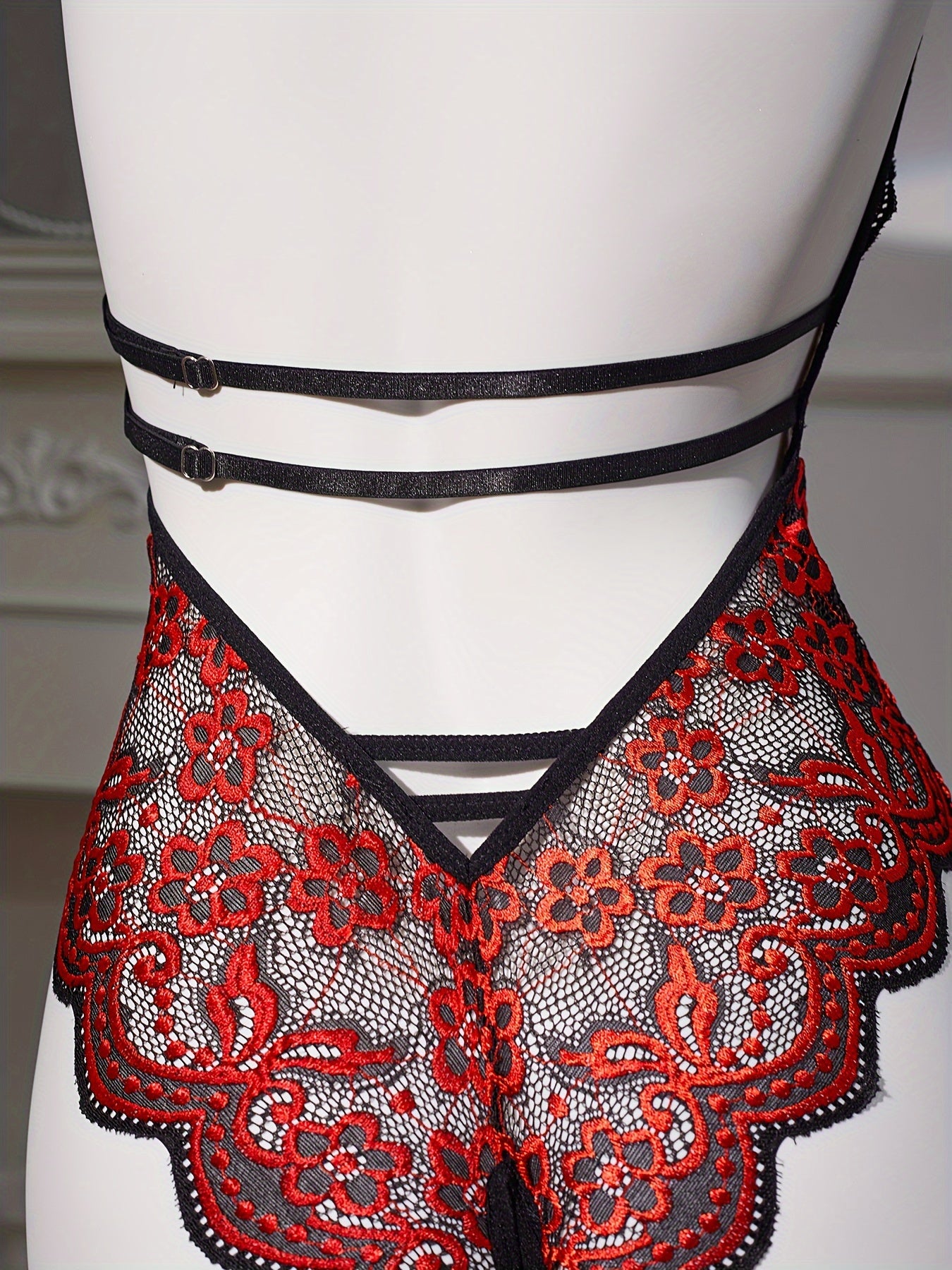 Red and black lace velvet halter teddy with scalloped edges and adjustable straps - Elegant backless bodysuit for women, low support, hand wash only.