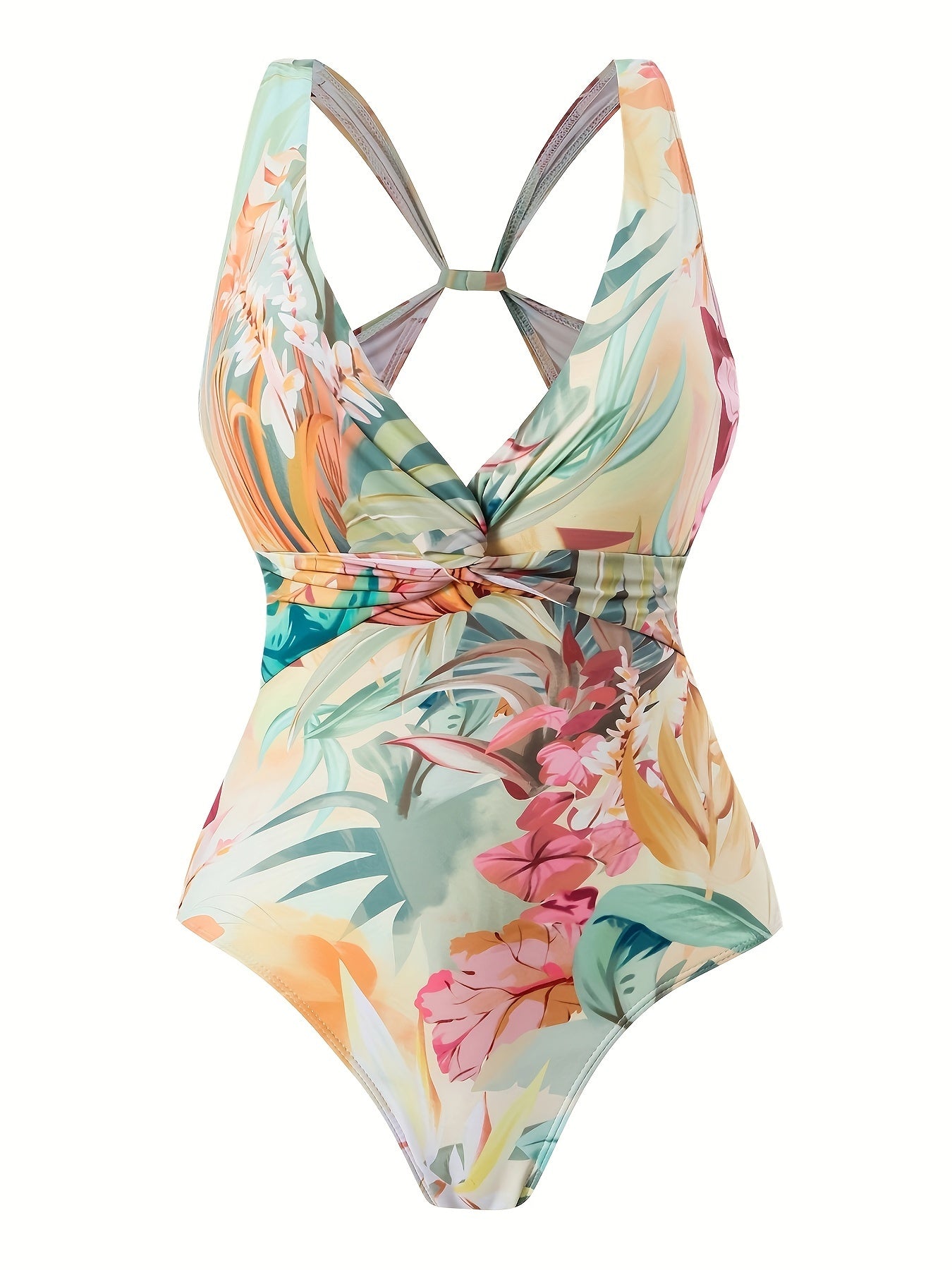 Tropical print V-neck one-piece swimsuit with sheer sarong for women. Made of 82% polyester and 18% elastane with medium stretch knit fabric. Features a cross detail, suitable for all