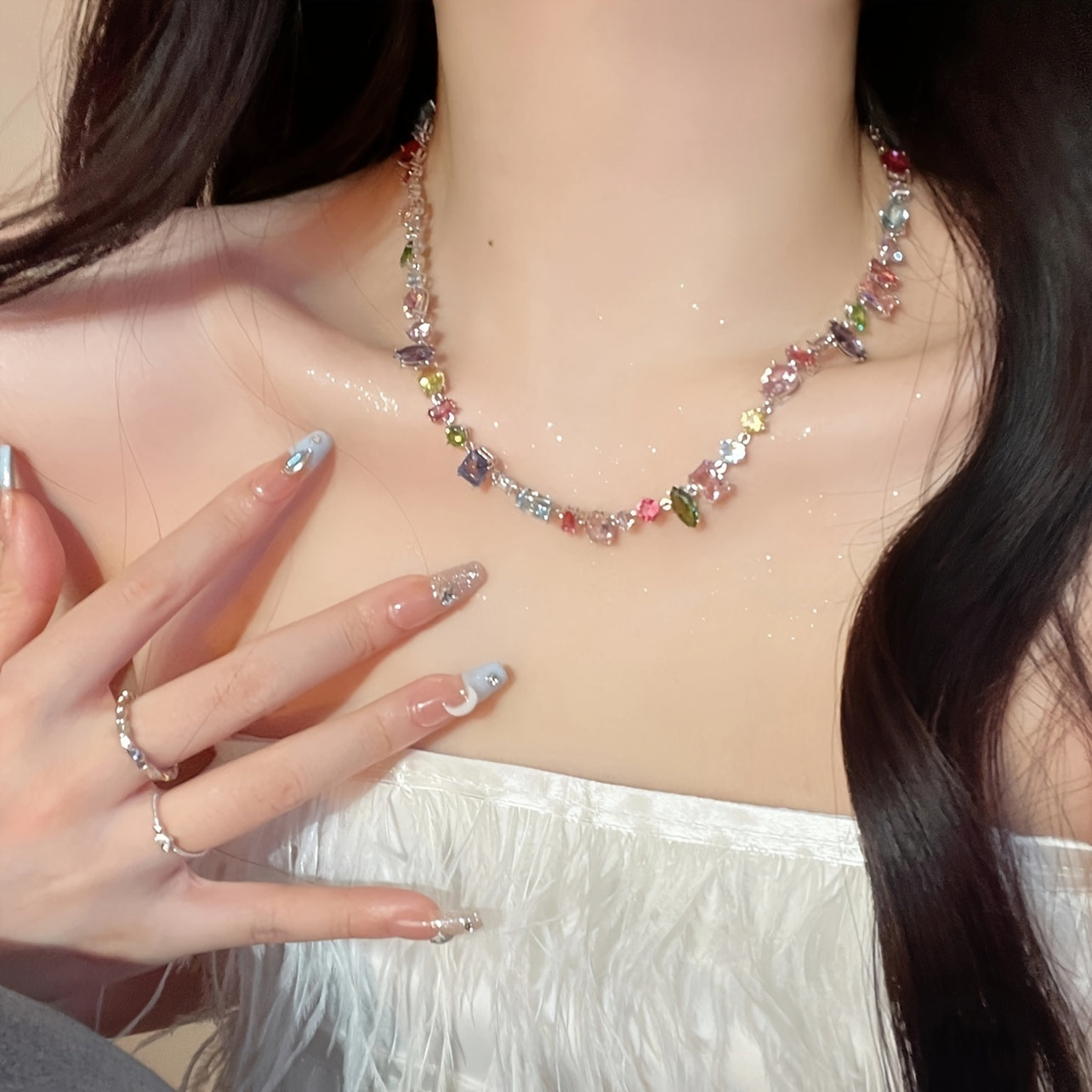 Multicolor Crystal Zirconia Jewelry Set: Necklace and Bracelet featuring a Sweetheart Candy-Inspired Design with Luxurious Geometric Shapes and Rainbow Colors.