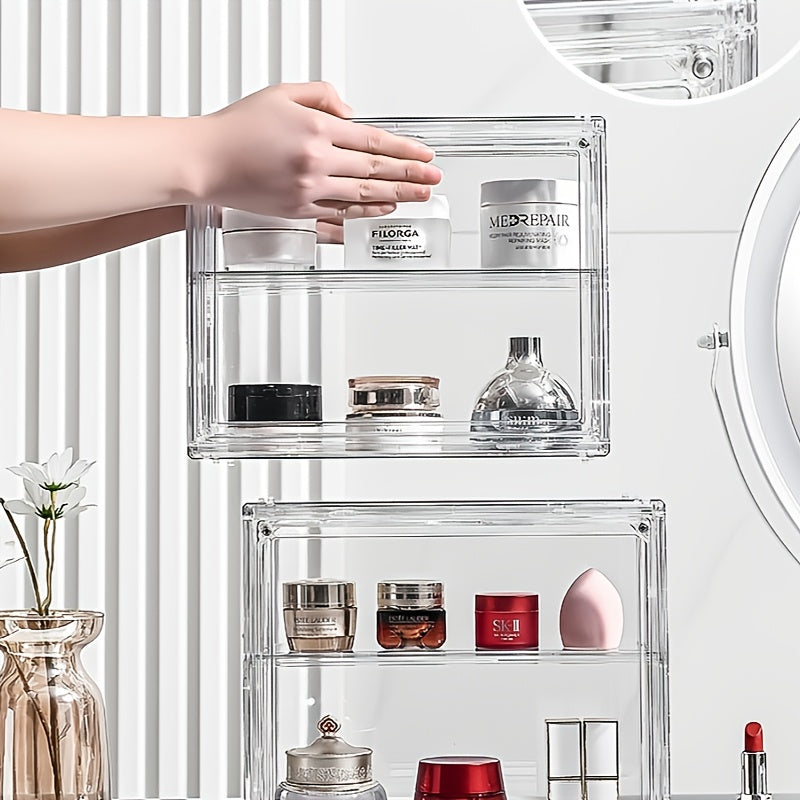 Transparent acrylic display cabinet with dust-proof stacking locker, perfect for home and office. Capacity under 3.2 cubic feet, assembly required.