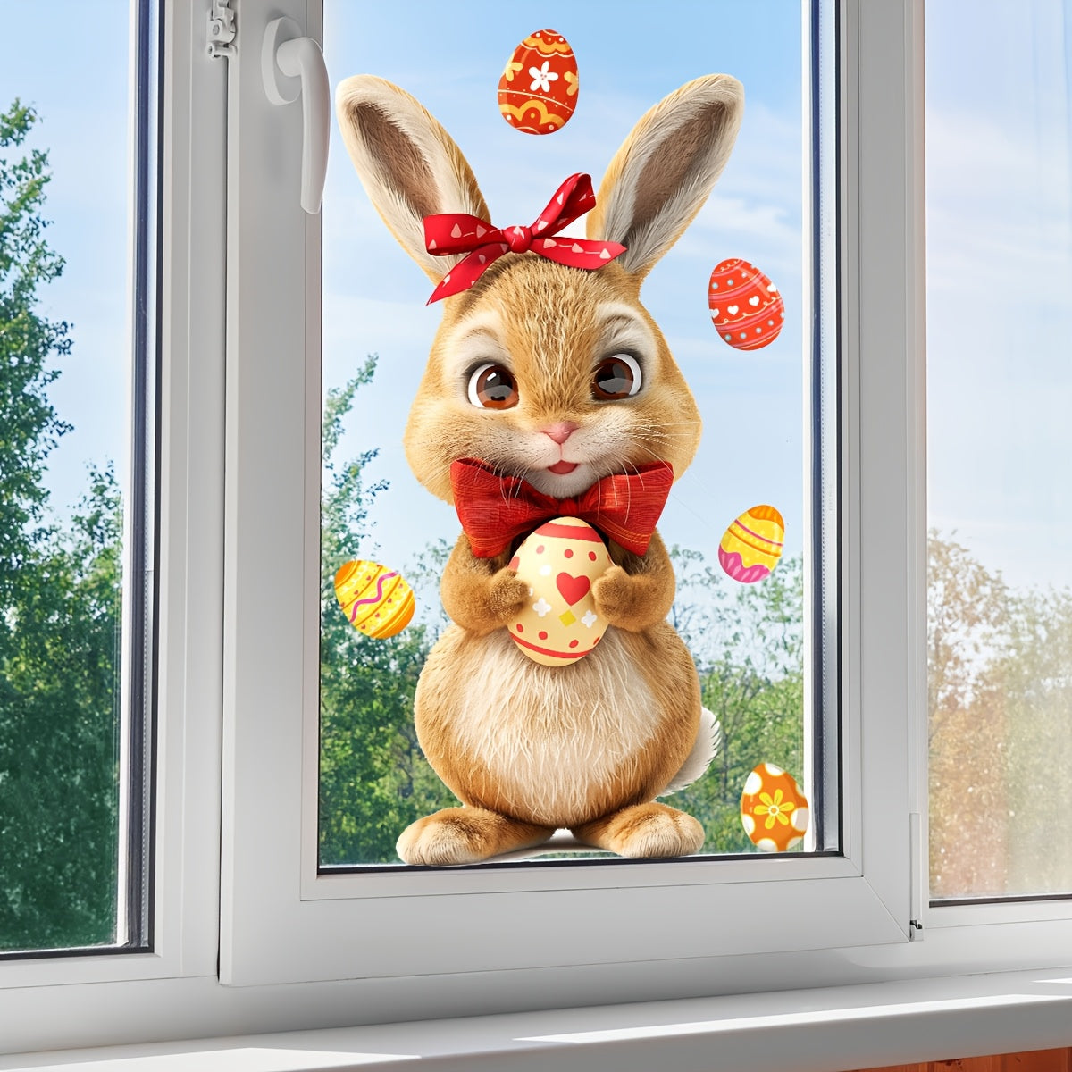 Easter themed window sticker featuring a rabbit, egg, silk, and double-sided adhesive (20*30cm) - perfect for living room decoration (model number D16012-YJ)