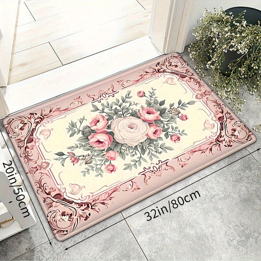 French Country Floral Mat - This decorative absorbent mat is perfect for kitchen, bath, and living room use. The machine washable rug features a non-slip PVC backing and is made from polyester. The woven 600gsm rectangle mat is ideal for entryways and