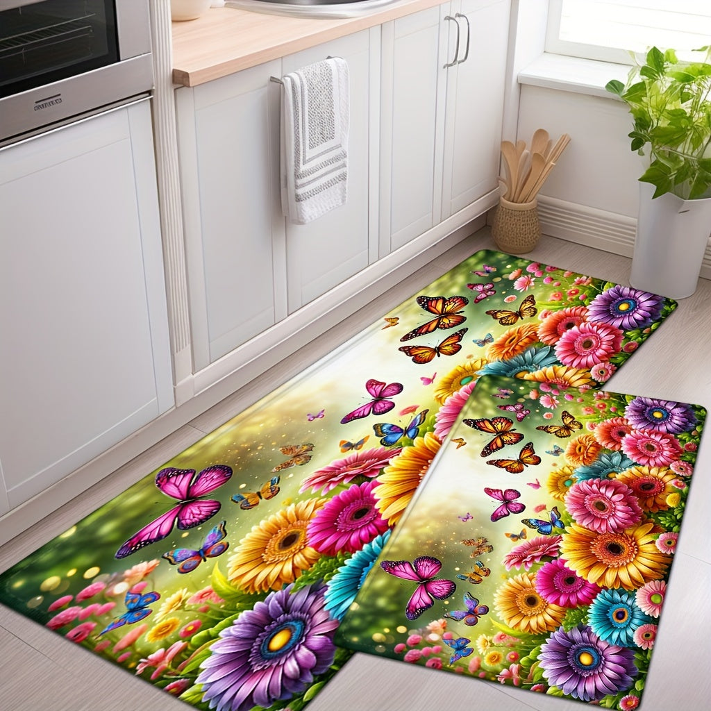 1 piece of Flannel Flower Anti-fatigue Kitchen Carpet with Sunflower Absorption and Anti-slip features, Butterfly Stain Resistant and Waterproof Mat for comfort in any room.