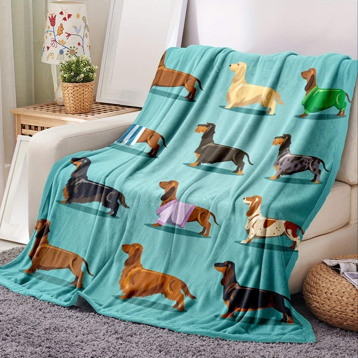 1 piece of Dachshund Blanket, featuring a soft blue and grey sausage fleece flannel, adorned with a cute Doxie design. This plush blanket is perfect for Dachshund lovers, suitable for adults and women.