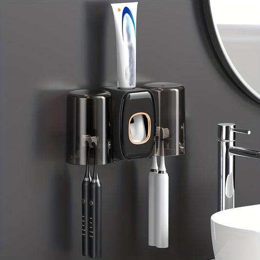 Wall-mounted toothbrush holder with toothpaste squeezer, mouthwash cup, and storage for bathroom organization and home decor.