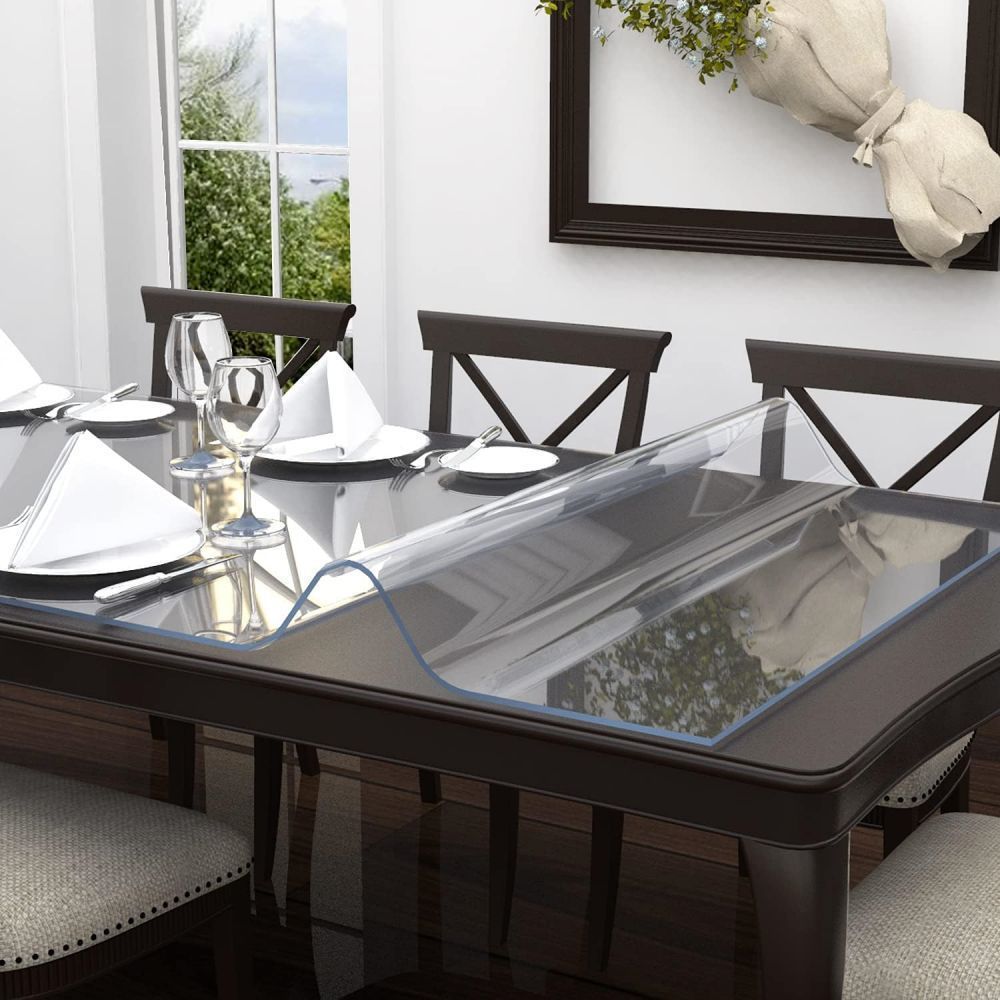 Premium 1.0mm Thick Clear PVC Tablecloth - Waterproof, Scratch & Heat Resistant, Easy to Clean, Ideal for Home and Hotel Dining Tables, Rectangular Shape with Blue Edge Detail