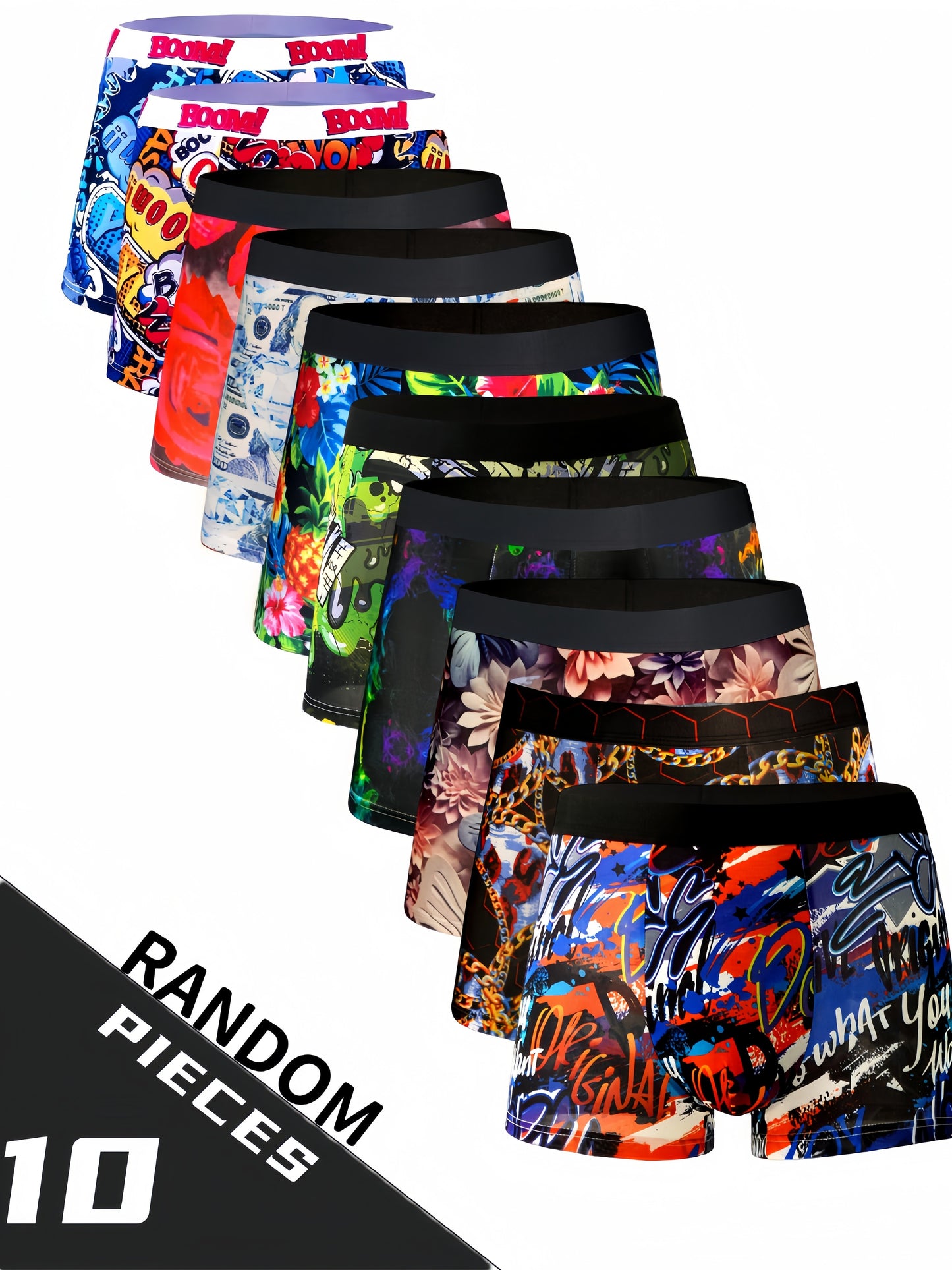 10 men's ice silky boxer briefs with random prints in blue, red, black, green, and floral. Designed for sports and casual wear with a breathable, stretchy, cooling, quick-dry fabric for