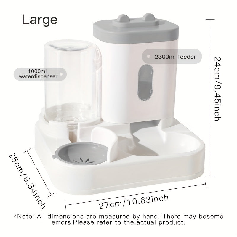 Dual bowl ergonomic cat feeder and water dispenser set made of plastic for cats, featuring automatic food and water feeding for neck-friendly use.